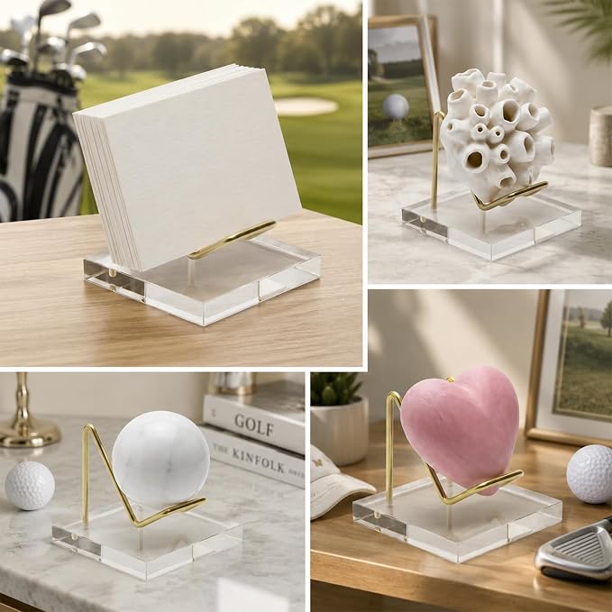Skrfren Square Business Card Holder Metal Display Stand with Acrylic Base Business Card Holder Desk Rock Easel Stand for Fossil Coral Mineral Rocks Geodes Agate Collectibles