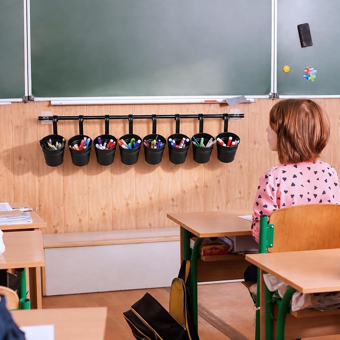8 PCS Black Metal Pencil Holder with Pipes Back to School Hanging Iron Small Pails Stationery Crayon Organizer First Day of School Black Buckets Classroom Pencil Holder for Students Crafts Party Favor