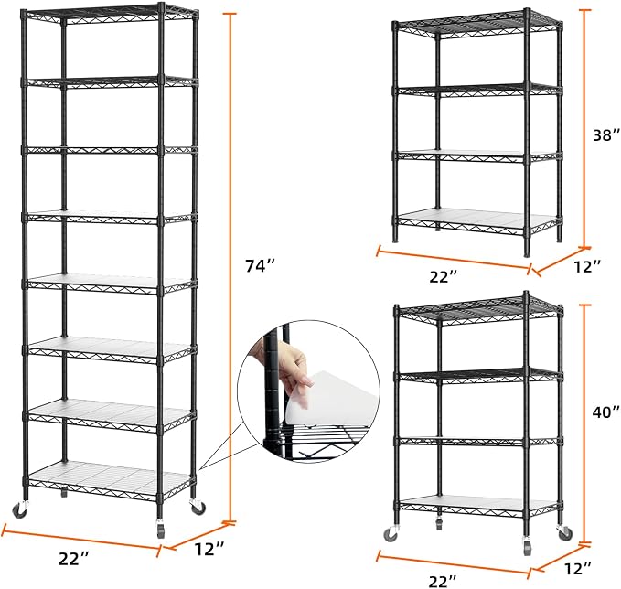 SINGAYE 8 Shelves Storage Wire Shelf Closet Metal Shelving Pantry Wheels | Shelf Bathroom Organizers Metal Kitchen Garage Shelving Unit Laundry Room Organization Home Rack Net Basket with Wheels