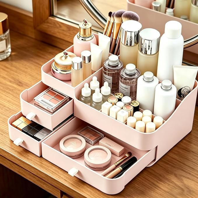 Makeup Organizer with 3 Drawers, Bathroom Counter Organizer. | Plastic Cosmetic Display Case, Ideal for Make Up, Skincare, Perfume; Suitable for Dresser Top, Vanity and Desk