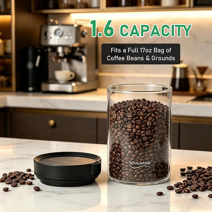 Vacuum Coffee Canister,1.6L Electric Airtight Glass Coffee Container | Auto Vacuum Seal Lid with Touch Screen, Airtight Freshness for Coffee Beans,Grounds,Food Safe,17oz