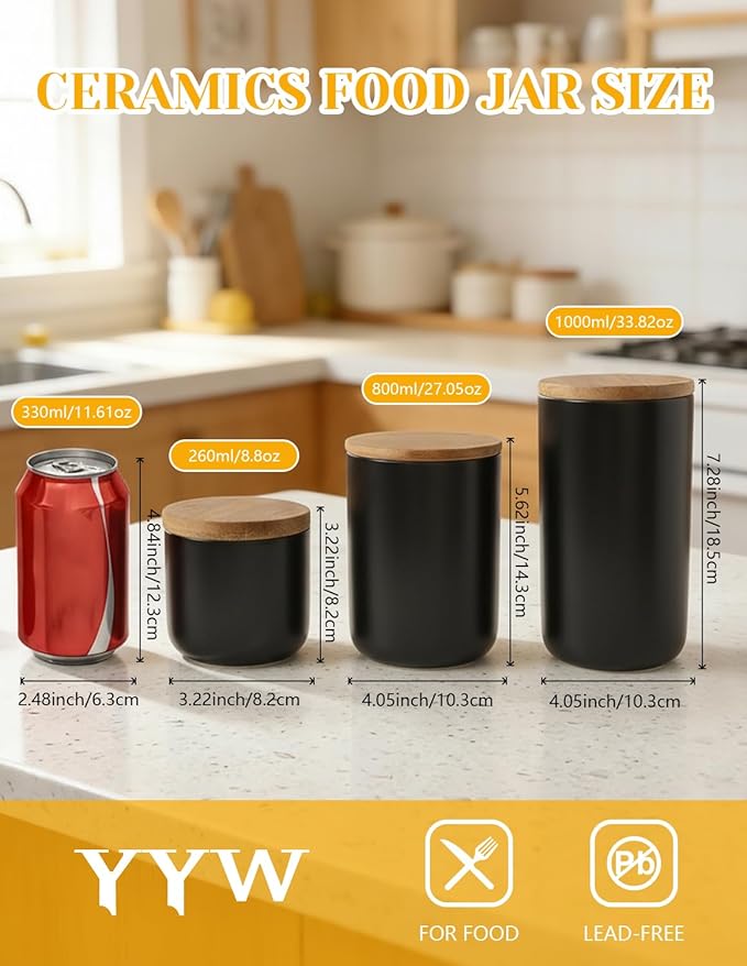 Ceramics Food Storage Jar Canister with Airtight Seal Bamboo Lid, Simple Style Kitchen Canister for Food Storage, Store Coffee, Sugar, Tea, Spices and More (Black (27.05oz/800ml))