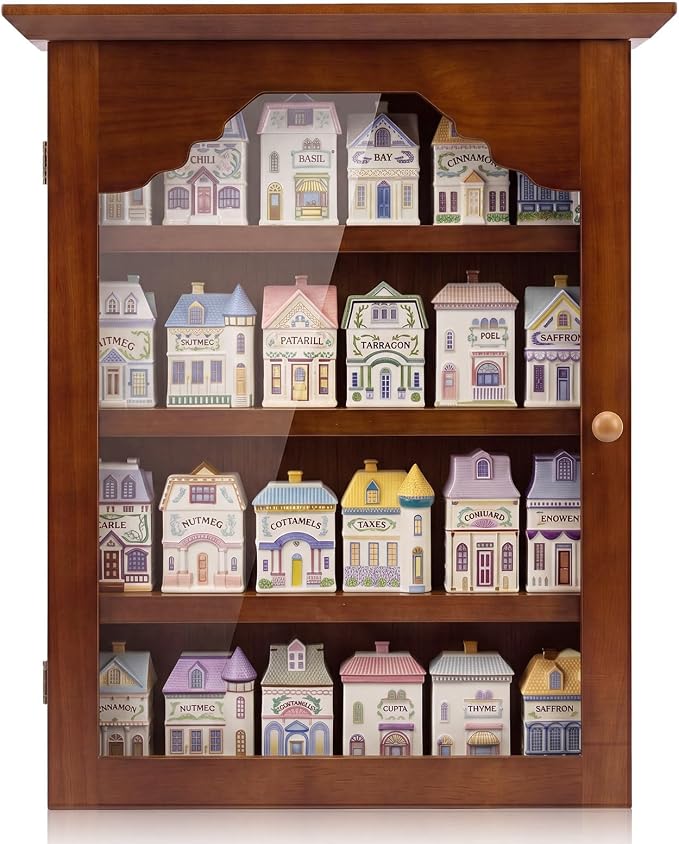 Chunful Vintage Spice Jar Wooden Rack with Clear Door, Brown Spice Shelf for 24 Jars, Village Style Wall Mounting Kitchen Storage Decorative Hanging Display Rack, Shelf Only