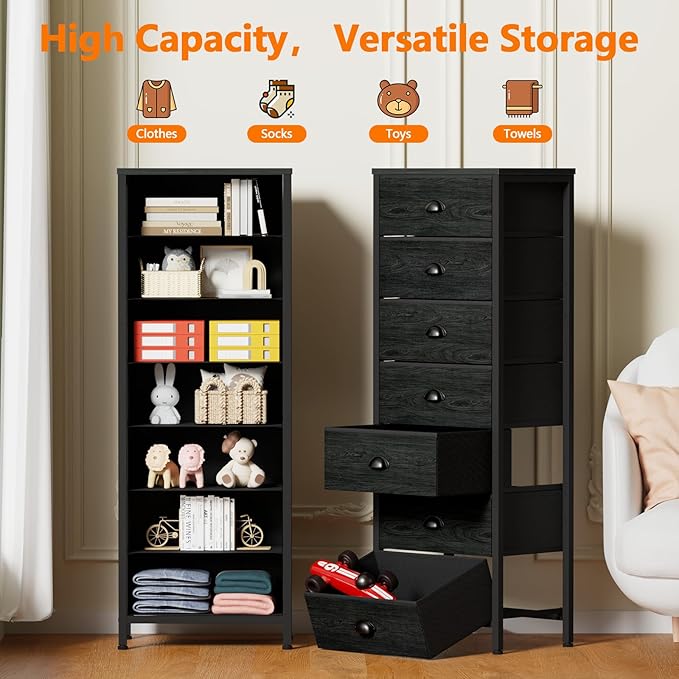 Furnulem Black Bedroom Dresser, Tall Chests of Drawers with 7 Fabric Bins | Sturdy Steel Frame, Wooden Top, Organizer in Closet, Tall Nightstand for Dorm, Living Room, Hallyway-Storage Tower Unit