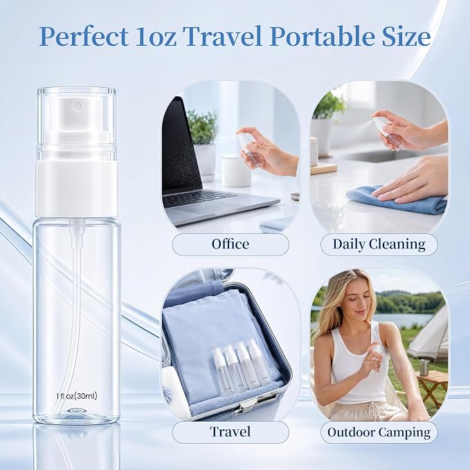 YIERSO Refillable Spray Bottles 1oz 30ml 4-Pack Small Travel Bottle | Leak-Proof Fine Mist,TSA Approved BPA Free, Mini Empty Atomizer for Cleaning Liquid Toner Hair Spray Facial Mist