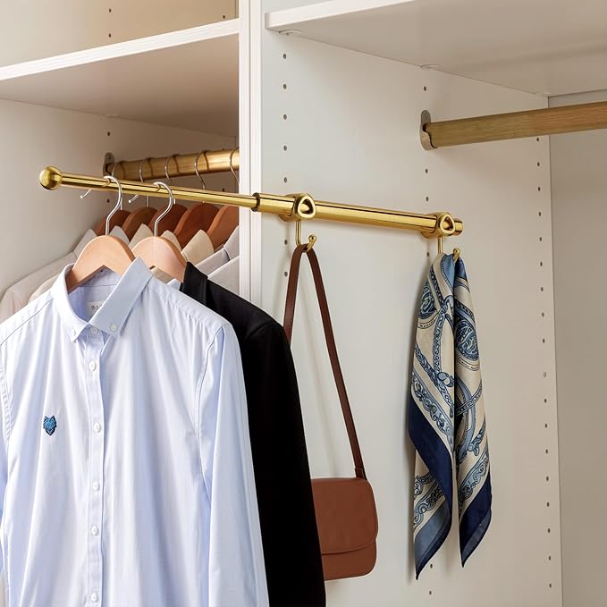 Valet Rod for Closet Pull Out with Hooks, Easy To Install (Brushed Gold, 12 Inch)