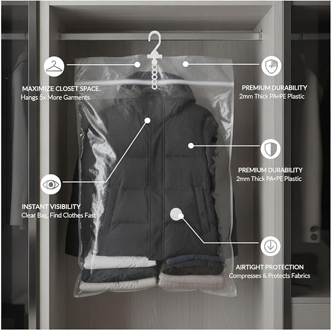 Hanging Vacuum Storage Bags for Closet, Clear Compression Garment Covers for Coats & Suits, Space Saving Organizer (1 Pack)