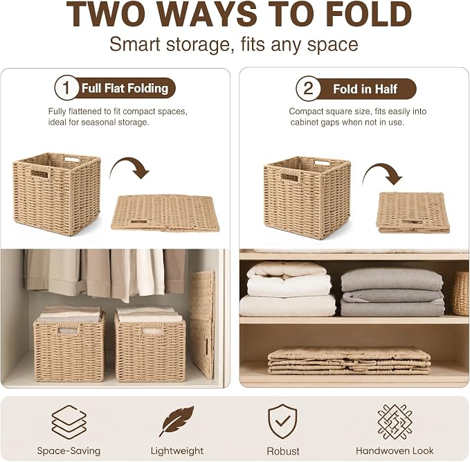 Cotton Rope Cube Storage Baskets Set of 2, 11 Inch Foldable Cubby Organizer Bins with Handles, Handwoven Square Basket for Organizing, Cube Closet Storage Bins for Shelves, Home Decor