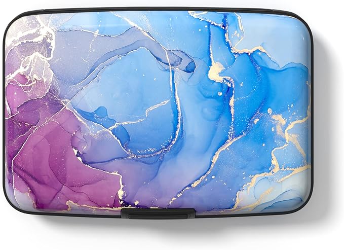 Credit Card Holder Wallet, Small RFID Metal Credit Cards Wallet Cute Pocket ID Case for Women and Men, Blue Purple Marble