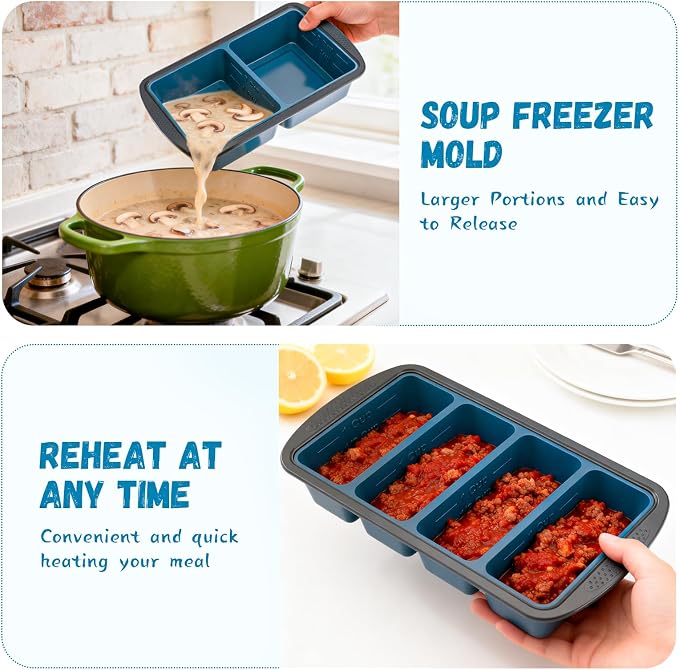 GORCI Silicone Freezer Tray With Lid, 8 Large 1 Cup Soup Freezer Molds, Soup Freezer Container for Meal Prepping, Large Ice Cube Tray， Perfect for Storing Leftovers, Sauces, Lasagna, 2-Pack