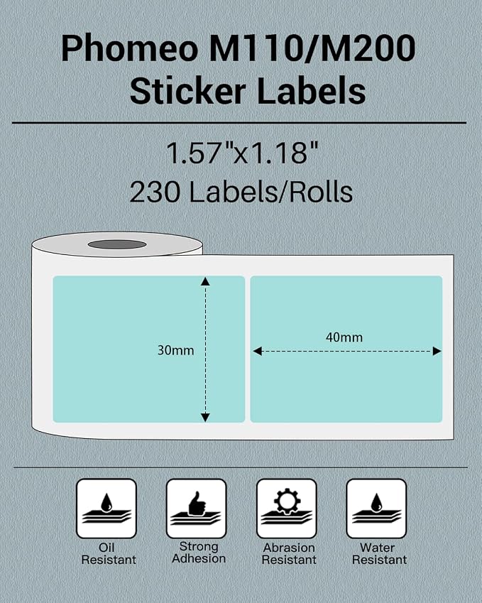 Phomemo Sticker Label M110/M221/M220/M120/M200/M110S Thermal Label- Black on Green 1.57"x1.18"(40x30mm) for Small Business, Home, Office, 230 Labels/Roll