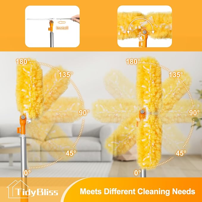 TidyBliss 6 ft Extendable Dusters for Cleaning Compatible with Swiffer, Super Long Handle Dusting Wand Kit with 10 Refills, 360 Degree Heavy Duty Microfibers Dust Removing Tool for Ceiling (Orange)