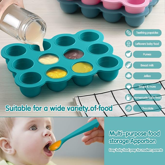 Baby Food Storage 12 x 1.5OZ Silicone Freezer Tray with Lid, Food Grade Silicone Containers for Purees & Vegetables Teal Blue