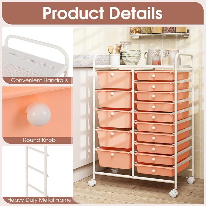 Moccha 15-Drawer Rolling Storage Cart - Under Desk Storage Drawers with wheels for Craft Art Supply Paper Salon, Scrapbook Paper Tools, Mobile Utility Cart for Classroom (15 Drawers, Peach)
