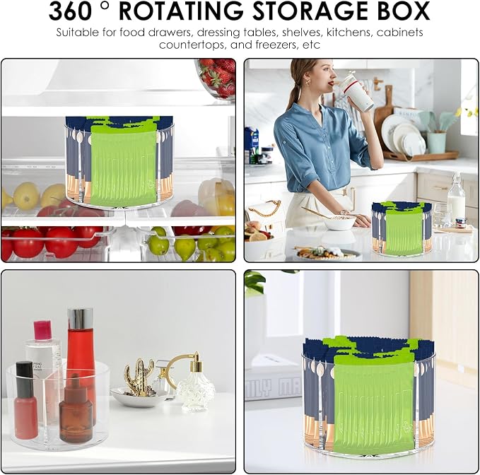 2PCS Rotating Drink Packet Organizer, BPA-Free Clear PET Leakproof Lazy Susan with 4 Compartments, 360° Silent Spinning Storage for Tea/Coffee/Sugar Packets - Pantry/Fridge/Countertop/Office