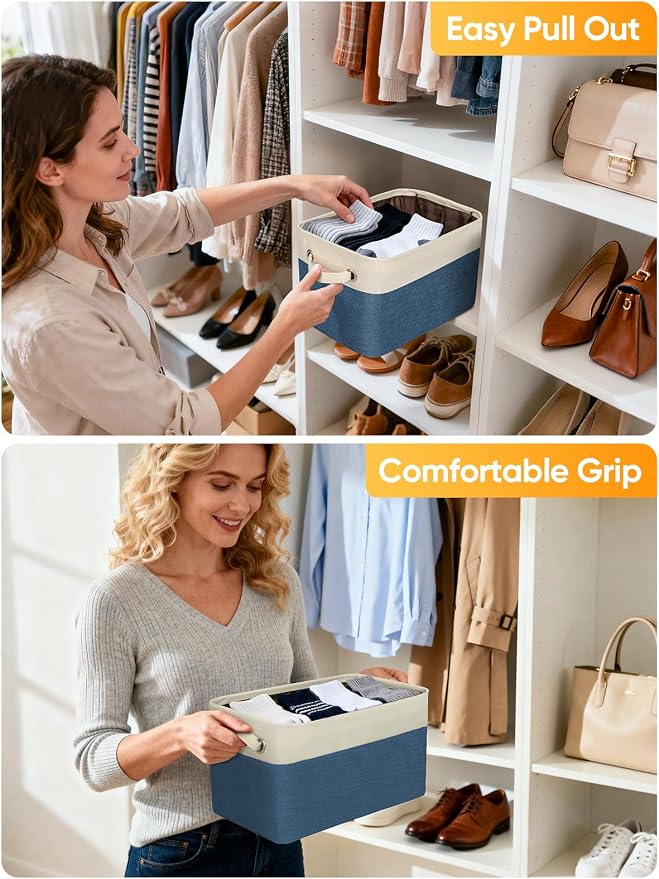 BALEINE 4 Pack Fabric Closet Storage Bins for Shelves, Linen Closet Organizers and Storage, Decorative Baskets for Organizing, Shelf, Clothes, Home, Office (Navy Blue, 17''x13''x10.5'')