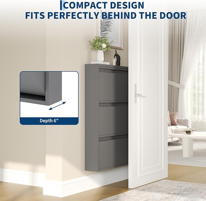 Garvee Slim Metal Shoe Cabinet with 3 Flip Drawers, Narrow Shoe Storage for Entryway, Wall Mounted or Floor Standing, Detachable Bottom Corners for Flexible Placement, Anti-Tip Safety Wall Mount