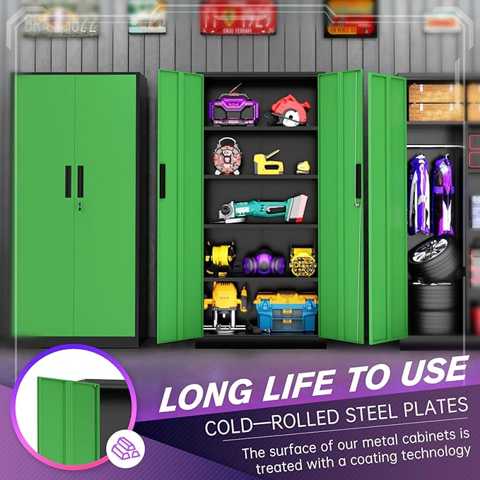 Superday Metal Storage Cabinets, 71" Storage Cabinet with Locking Door, Tall Garage Cabinet with 2 Doors and 4 Adjustable Shelves for Home Office, Classroom, Easy Assemble(Black Green)