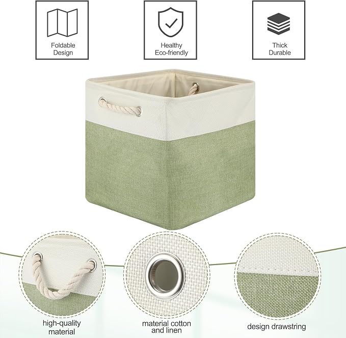 meekoo 8 Pack Collapsible Storage Bins Fabric Storage Bins Polyester Fabric Baskets with Handles Linen Closet Organizer for Shelf Home Closet Towels Toys(12 x 12 x 12 in,Green White)
