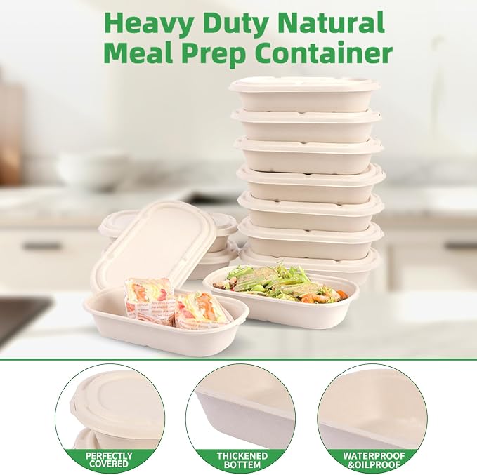 50Pcs(24oz) Disposable Meal Prep Food Containers with Lids | Lunch Salads Microwaveable and Freezable Compostable Safe Non Plastic Food Storage，Biodegradable Take Out Food Bento Boxes.