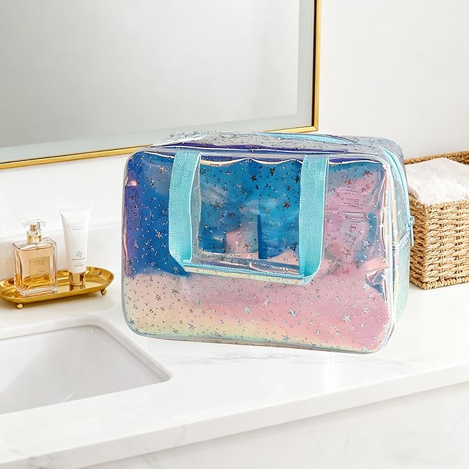 Holographic Blue Clear Star Large Cosmetic Bag and TPU Travel Pouch with Handle,Durable Material,Zipper Design-Ideal for Makeup,Travel Essentials (Holographic Blue+Stars)