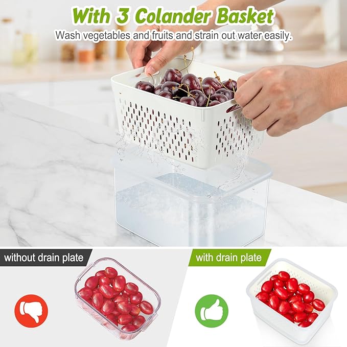 6 Pieces Large Fruit Produce Storage Containers for Fridge Keep Fresh, 3 PackLettuce Keeper with Colander, BPA-Free Plastic Berry Containers Vegetables Saver Refrigerator Organizer