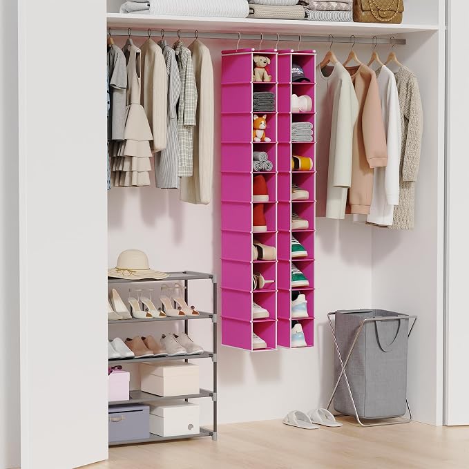 MAX Houser 2 Pack 10-Shelf Hanging Shoe Shelf Organizer, Hanging Shoe Storage for Closet, Slim Hanging Closet Organizer,10-Tier Narrow Hanging Storage Shelves Closet Room-Pink