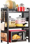 Microwave Stand, 3-Tier Expandable(17.4"- 27.4") Heavy Duty Adjustable Shelf Microwave Oven Rack, Kitchen Countertop Organizer and Storage with 9 Hooks & Cutting Board Holder, Holds up 180 lbs, Black