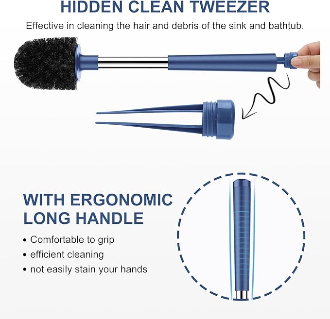 SetSail Toilet Brush and Holder 3 Pack, Self Closing Lid Toilet Bowl Brushes Holder Extra Long Handle Ventilated Toilet Brush Set for Bathroom Cleaning, Nylon Bristles, Dark & Blue