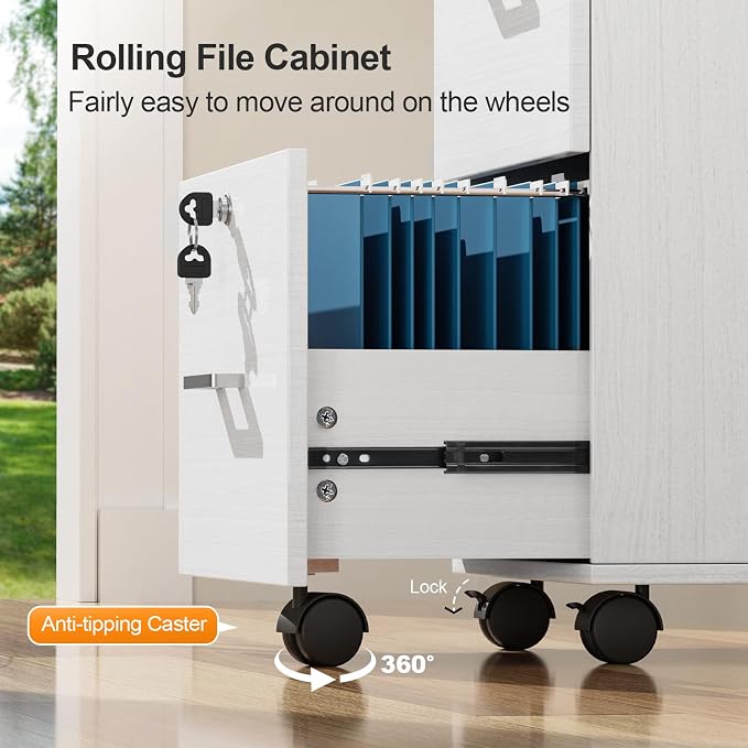 VINGLI 2 Drawer File Cabinet with Lock, Wood Grain White File Cabinets for Letter Size File Folders with Tabs, Mobile Under Desk Filing Cabinets for Home Office, Rolling Filing Cabinet Printer Stand
