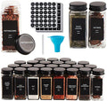 Skiileor 48 Pcs Spice Jars with Label- Glass Spice Jars with Black Metal Caps,Shaker Lids, Funnel, Chalk Pen 4oz Seasoning Containers Bottles for Spice Rack, Cabinet, Drawer