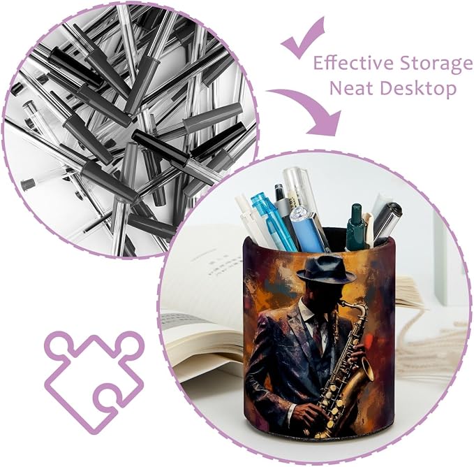 Gentleman Playing the Saxophone Pen Holder Pencil Organizer for Desk, 3.1” x 3.1” x 3.9” Pencil Cup Office Supplies, Large Capacity Cute Pen and Makeup Brush Holder for Home, School, Desktop