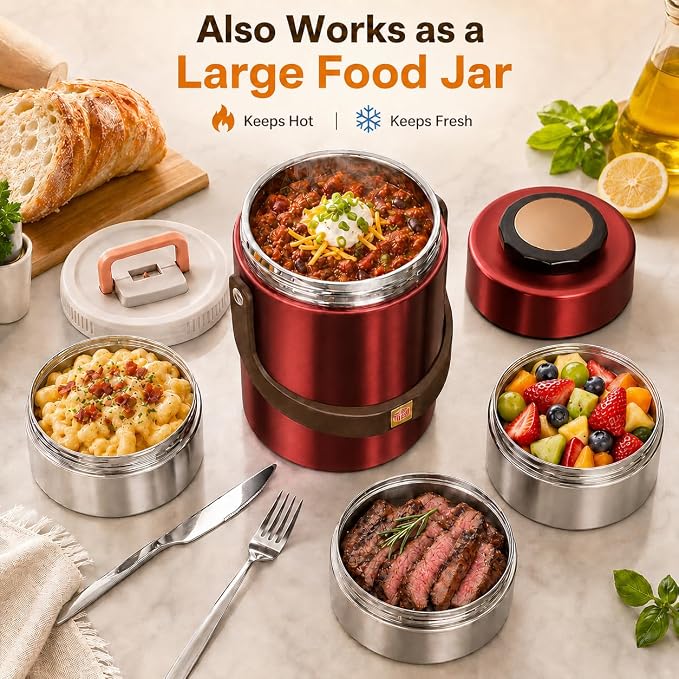 67 oz Adults Stainless Steel Vacuum Insulated Wide Mouth Soup Food Thermo Hot Food Jar with Keep Thermal Portable 3 Tier Stackable Bento Hot Food Containers Lunch Boxes (67 oz Red)