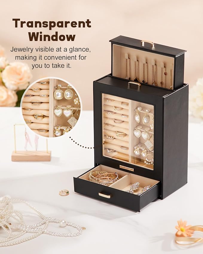 Homde Display Jewelry Box for Girls: Starter Organizer with Clear Window | Vertical Drawers for Earrings Rings Necklaces - Compact Footprint Fits Small Vanities - Birthday&Graduation Gift for Teens