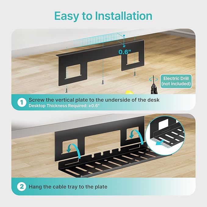 PEGZONE Under Desk Cable Management Tray, 15.7 Inches Metal Cord Organizer Rack, Desk Tray for Power Strip, Cord, Wire, Easy Mounting Cable Management Under Table for Home Office, Black