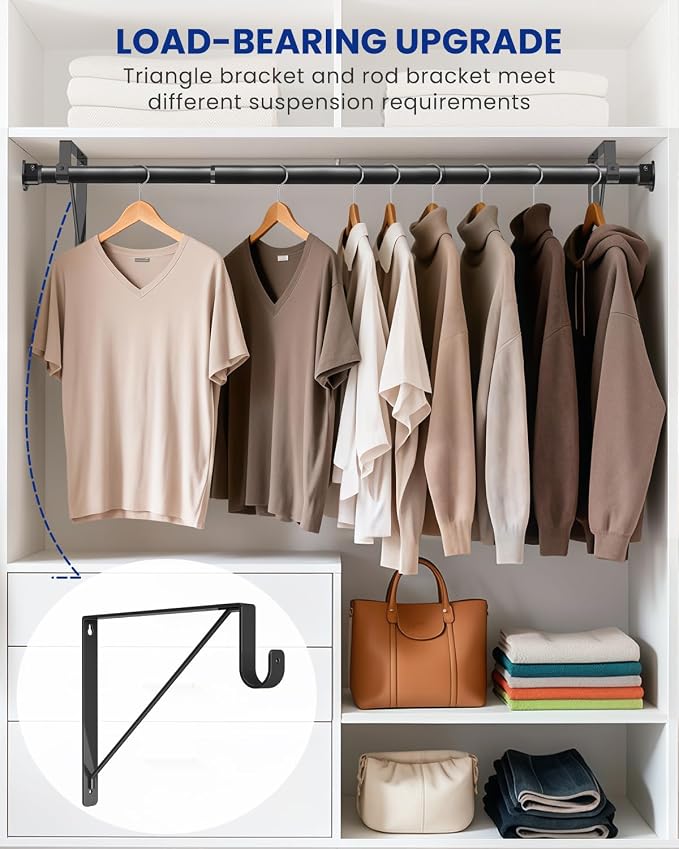 Supforce Adjustable Closet Rod with Triangular Brackets, 17-39in, Black | 1.3in Metal Closet Rod Supports Up To 150 lb, Heavy Duty Rod Reduces Sagging and Mount Securely for Wardrobes Closet Laundry