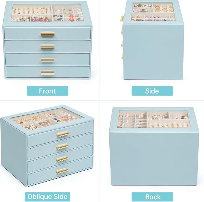 AKOZLIN Jewelry Box with Clear Lid Functional Leather Jewelry Storage Organizer Case 4 Drawers for Women Girls Necklace Ring Bracelet Earring BlueGrey
