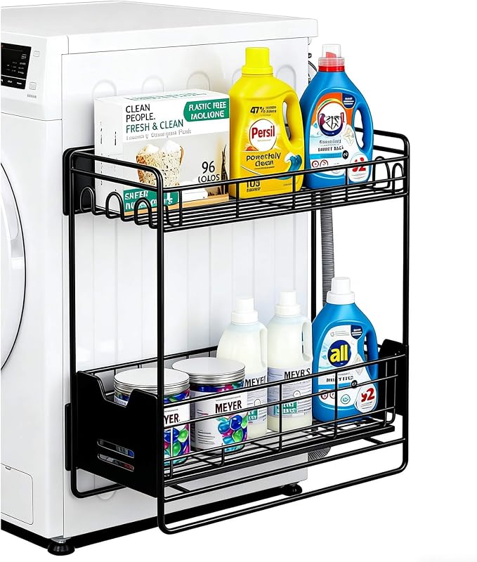 Magnetic Shelves for Washing Machine with Pull Out Shelf, Black Magnetic Sliding Racks for Side of Fridge, Magnetic Laundry Shelf with 5 Hooks, Magnet Laundry Room Organizer