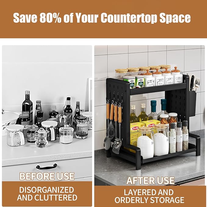 Spice Rack with Pull Out Drawer Counter Storage Organizer Metal 2-Tier | Rust-Resistant Holds 20 lbs Saves 50% Counter Space with Hooks & Hanging Basket for Kitchen Coffee Bar Bathroom Apartment