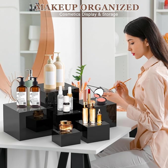 6Pcs Black Buffet Risers Set (Size 5",6",7",8",9",10"),Food Risers for Buffet Table Display Stand Shelf for Party Catering Dessert Collectibles Acrylic Cube Boxes Display with Hollow Bottoms