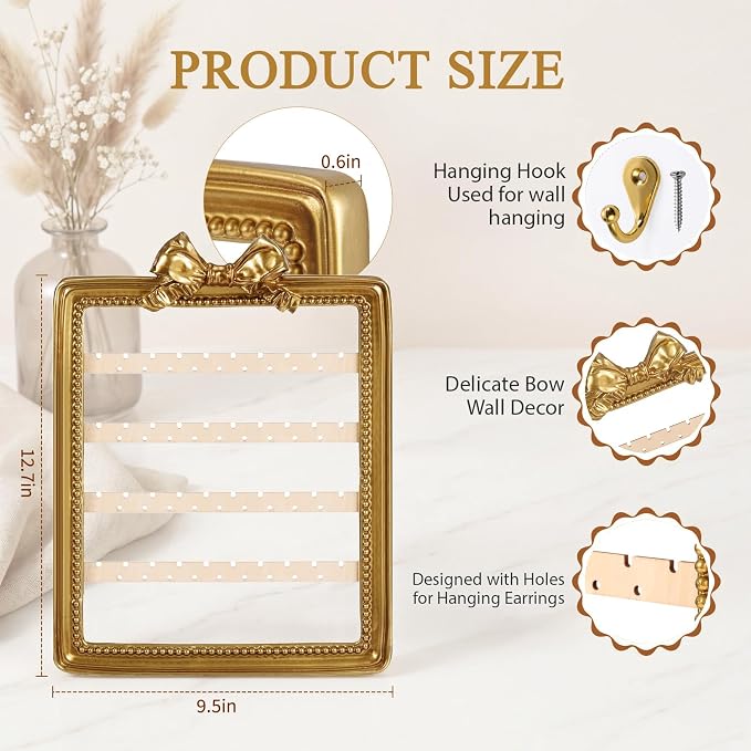 12 x 9.5 Inches Earring Organizer Wall Mounted Jewelry Holder Hanging Vintage Display Rack with 4 Tiers Elegant Earring Holder for Women Necklaces Bracelets Jewelry Storage Gift(Bow)