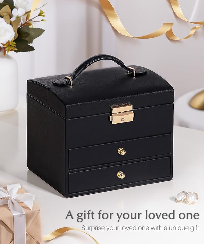Homde Small Jewelry Box for Girls: 3-Layer Lockable Organizer(Black) | Removable Tray&Dividers for Flexible Storage - Sort Earrings&Rings&Necklaces for Beginners - Birthday Gift for Teens