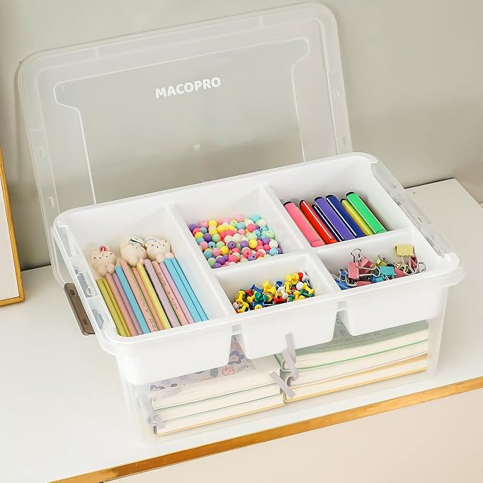 MACOPRO 17 QT Plastic Storage Box with Removable Tray, Bins with Lids, 2 Packs Clear Storage Container for Craft Supplies, Beads, Tools, Sewing, and Playdoh Organization(White, 2Pack-17QT)