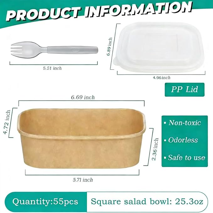 55Pcs 25.3oz Disposable Paper Bowls with Lids Meal Prep Containers | Disposable Kraft Paper Containers, Leak-Proof Microwave & Freezer Safe, for Takeout, Meal Prep, Lunch, Party