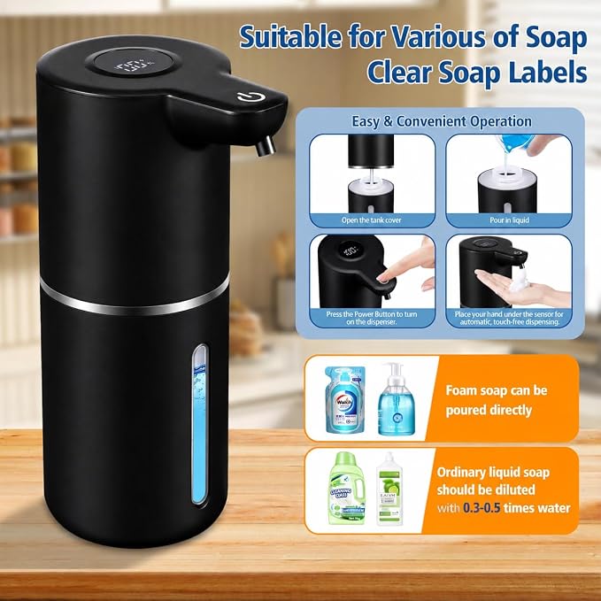 Automatic Liquid Soap Dispenser Touchless | USB Rechargeable Smart Hand Soap Dispenser, 4-Level Adjustable, 12oz Wall Mounted for Bathroom Kitchen(Black, Liquid)