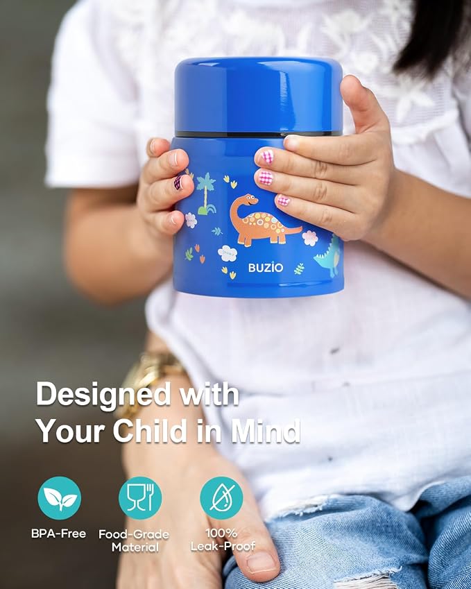 BUZIO Insulated Food Container for Kids Adult, 10oz Stainless Steel Vacuum Insulated Kids Food Jar with Folding Spoon, Leak Proof, Vacuum Insulated food jar, Portable Food Bowl, Blue Dinosaur