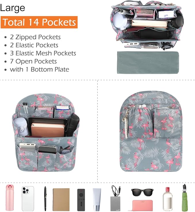 Surblue Backpack Organizer Insert Liner Hanging Travel Rucksack Purse and Handbag Insert Pocket, High-capacity Divider Foldable Nylon Shoulder Bag Organizer for Men and Women, (Flamingo, L)