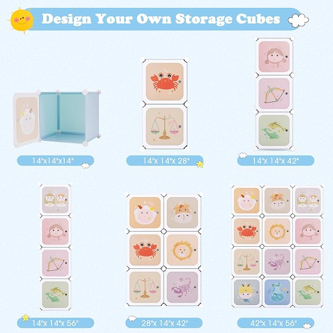 INFANS Children Wardrobe, Kid Closet Portable Baby Dresser Cute for Kids Bedroom Nursery Armoire with Doors 12 Cube 2 Hanging Sections, Kid Clothes Storage Organizer (Pink, 12 Cubes)