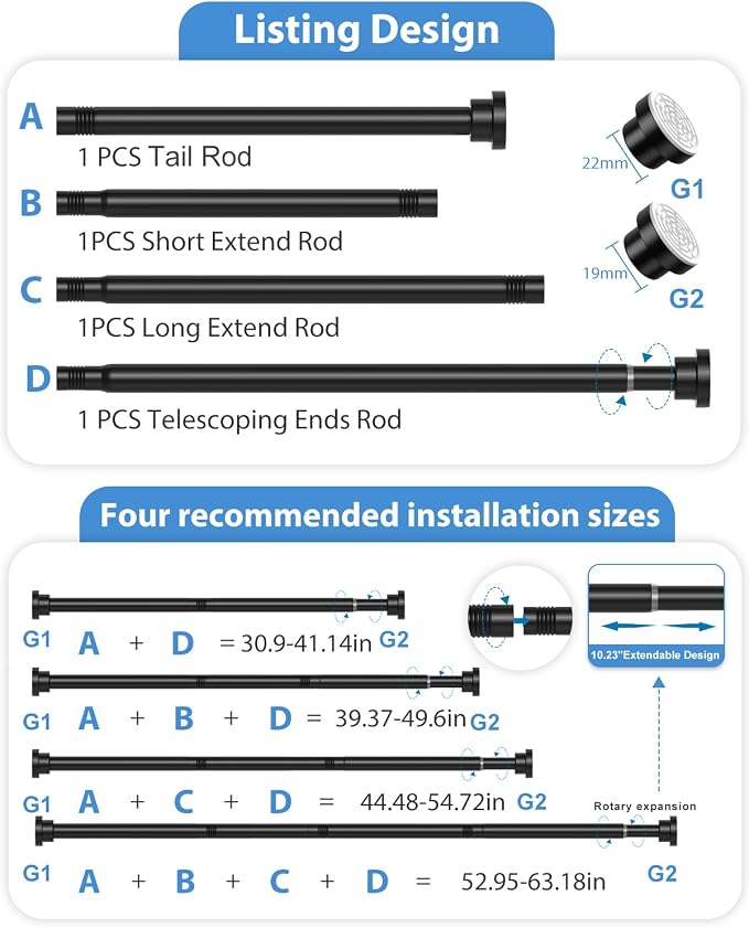 Tension Curtain Rod 30 to 63 Inch, Spring Tension Rod for Windows Black Adjustable Expandable Curtain Rods No Drilling Spring Loaded Curtain Rods for Windows,Doorway,Bathroom,Closet