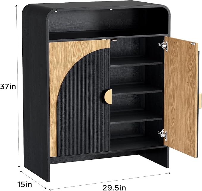 Maupvit Modern Shoe Cabinet for Entryway, Shoe Storage Cabinet with Fluted Doors, Wood Shoe Organizer with Open Shelves & Golden Handles, Freestanding Shoe Rack for Hallway, Living Room, Black